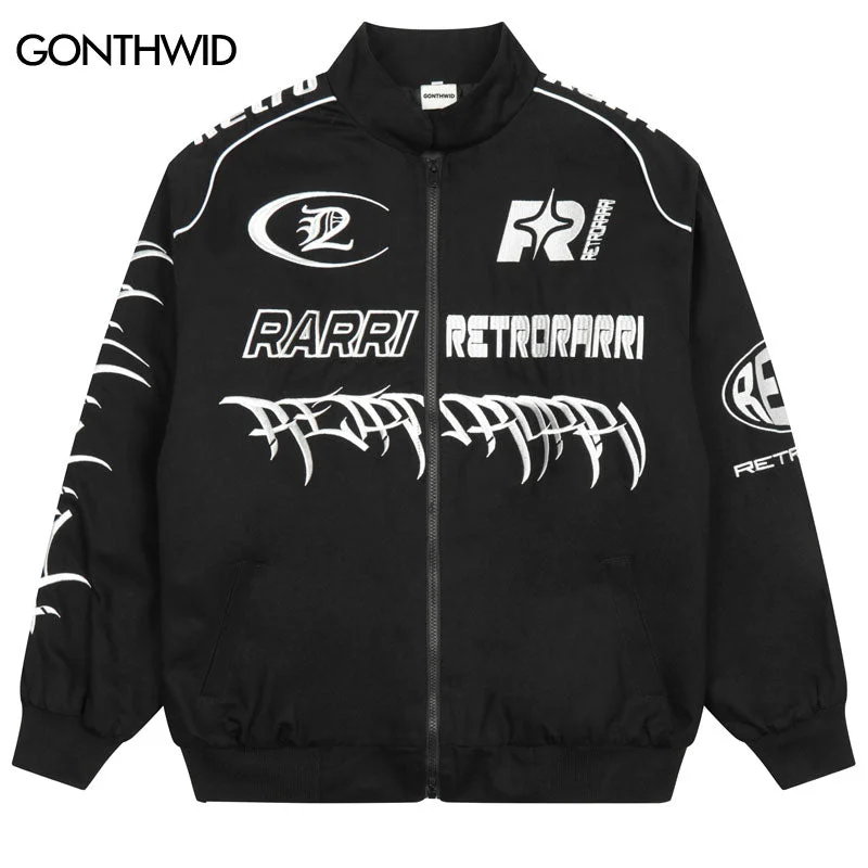 Vintage Baseball Jackets Streetwear Hip Hop Embroidery Letter Racing Jacket Harajuku Varsity Casual Racer Bomber Coats Nylon Jacket Polyester Jacket Spandex Jacket