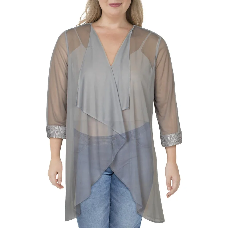 R&M Richards Womens Drapey Open Front Cardigan Top Satin Blend Silk Blend Wool Blend