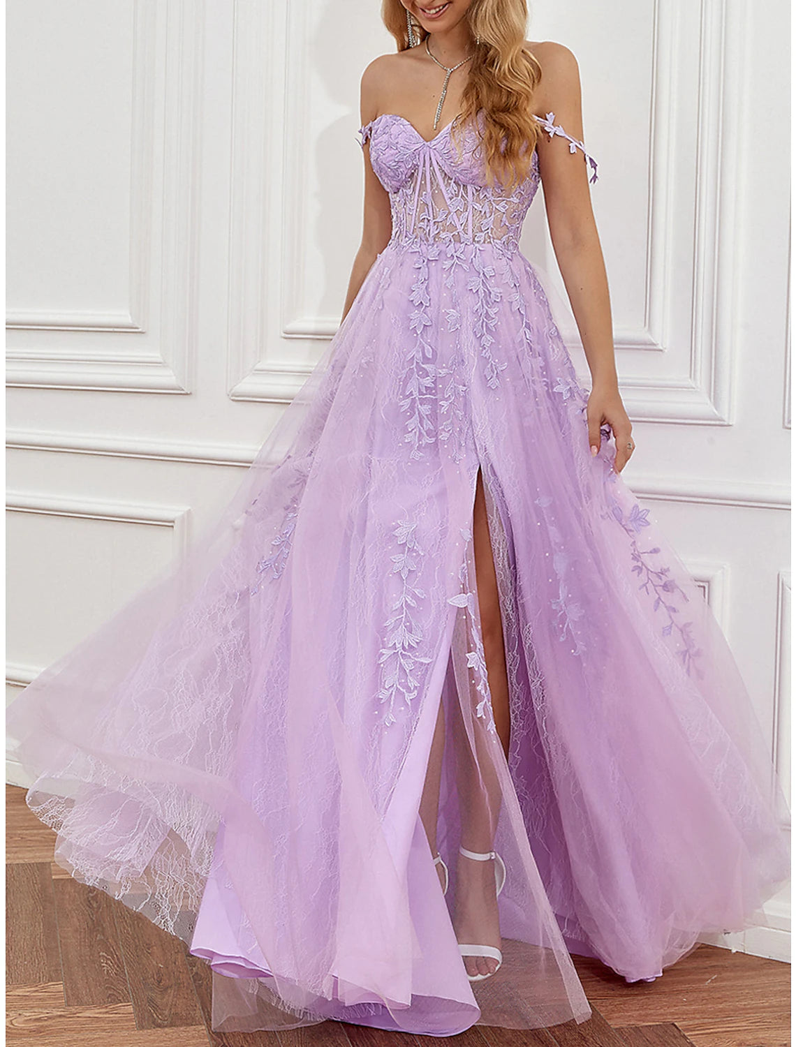 A-Line Prom Party Dress See Through Dress Formal Prom Sweep / Brush Train Sleeveless Sweetheart Tulle Backless with Beading Slit Appliques Tunics Trousers formal