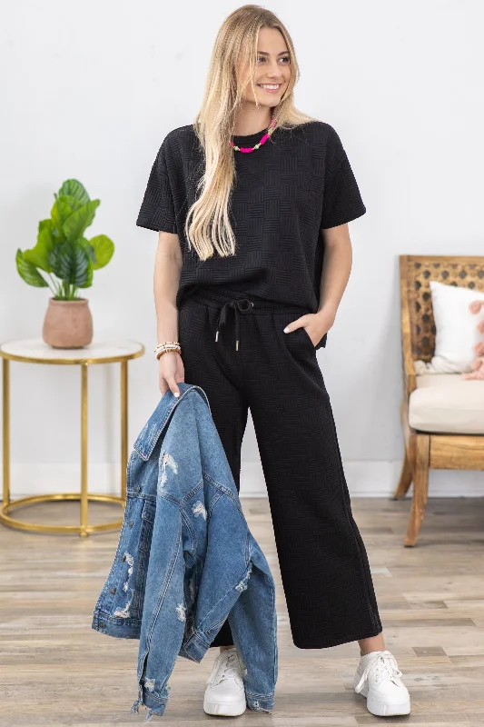 Black Patchwork Textured Wide Leg Pant Set Soft Cotton Pants