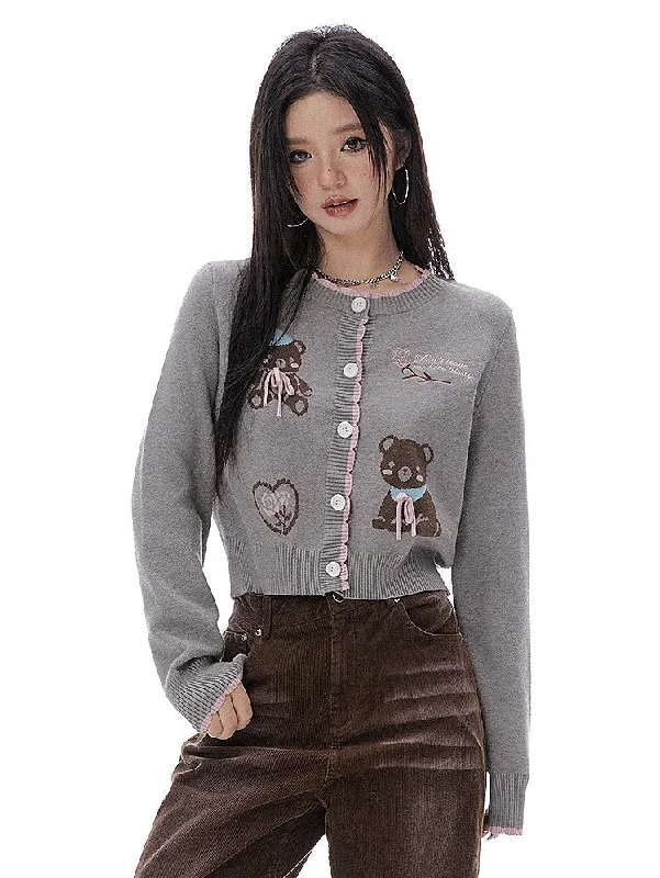 Bear Jacquard Pink Lace Knitted Cardigan IMO0058 Transparent Opaque Sheer