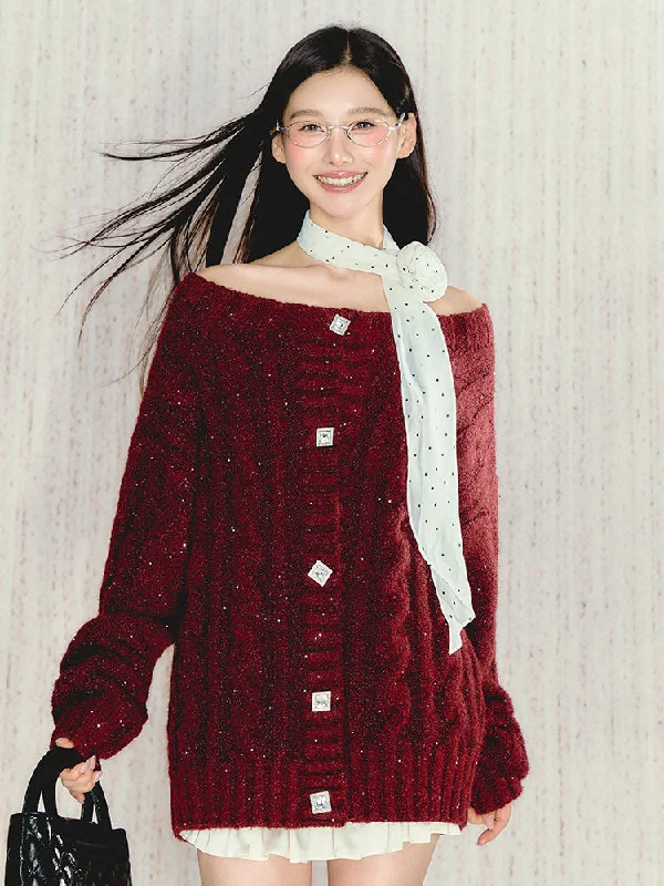 Soft Lazy Style Casual Rough Twist Round Neck Long Sleeve Knitted Cardigan UND0105 Polka Dot Checkered Tartan