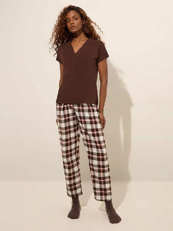 Wunderlove Brown Checkered High-Rise Cotton Lounge Pants Trendy High-Waist Trousers