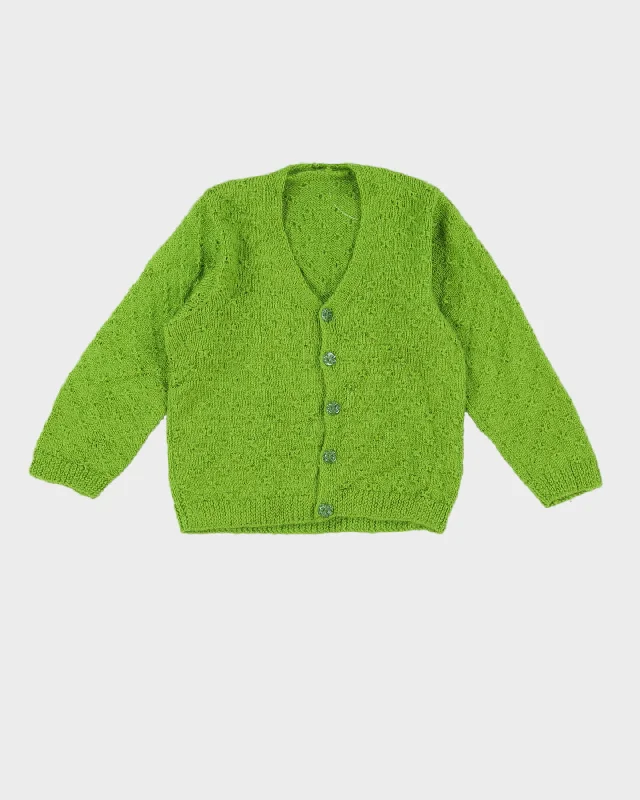 Vintage 1980s Green Hand Knitted Cardigan - XS Print Jacquard Patchwork