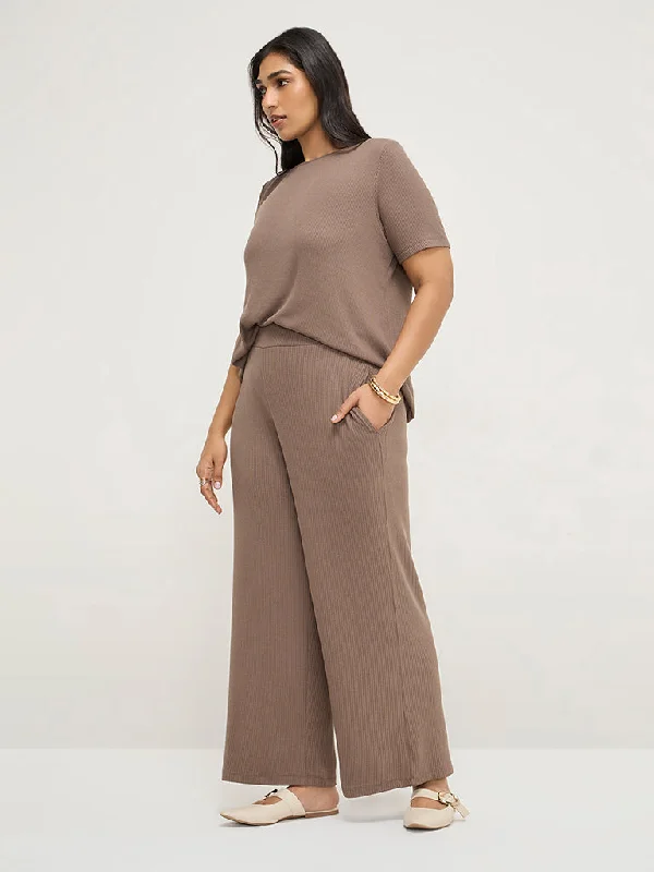 Gia Dark Brown Ribbed High-Rise Pants Trendy Wide-Legged Trousers