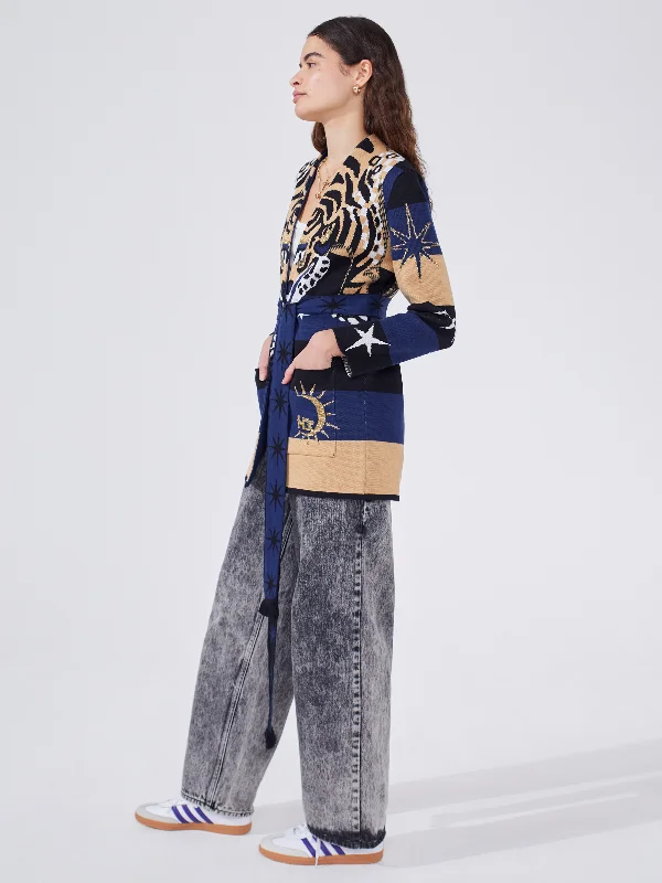 Tiger Stripe Cotton Jacquard Short Cardigan Navy Layered Multi-layer Single Layer