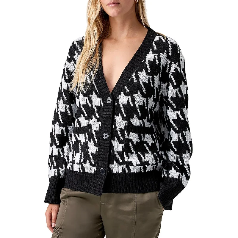 Sanctuary Womens Warms My Heart Houndstooth Button-Down Cardigan Sweater Zippered Front Buttoned Front Snap Front