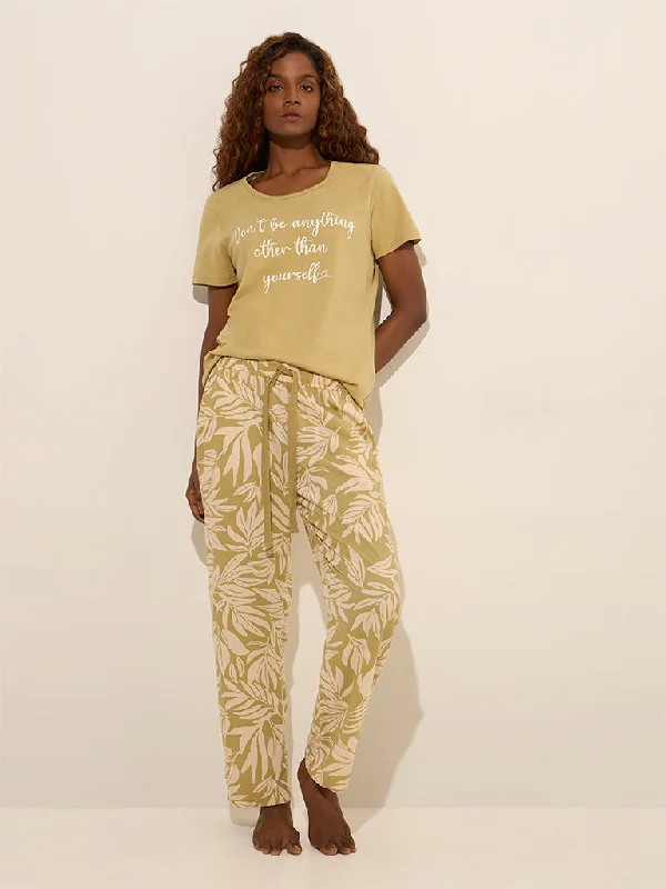 Wunderlove Green Printed High-Rise Cotton Lounge Pants Formal Slim Pants