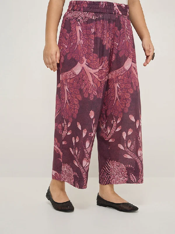 Diza Burgundy Botanical Printed High-Rise Ethnic Pants Casual Track Pants