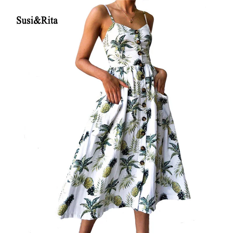Floral Summer Beach Dress Women 2018 Vintage Spaghetti Strap Party Dress Sexy Bohemian Dresses Vestidos Robe Femme Off-the-shoulder Chic Trendy