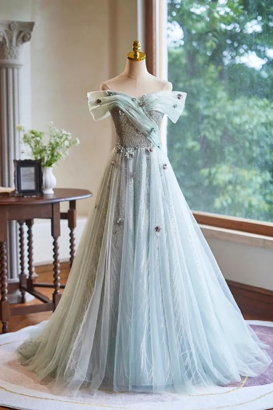 Lovely Tulle Floor Length Green Party Dresses, Off the Shoulder A-Line Evening Dresses Tunics Distressed trendy
