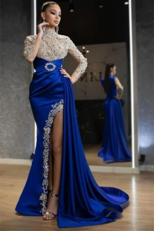 Luxury Halter Royal Blue Satin Mermaid Prom Dress Crystals Gold Appliques Party Dress with Long Sleeves Boatneck Modish Everyday