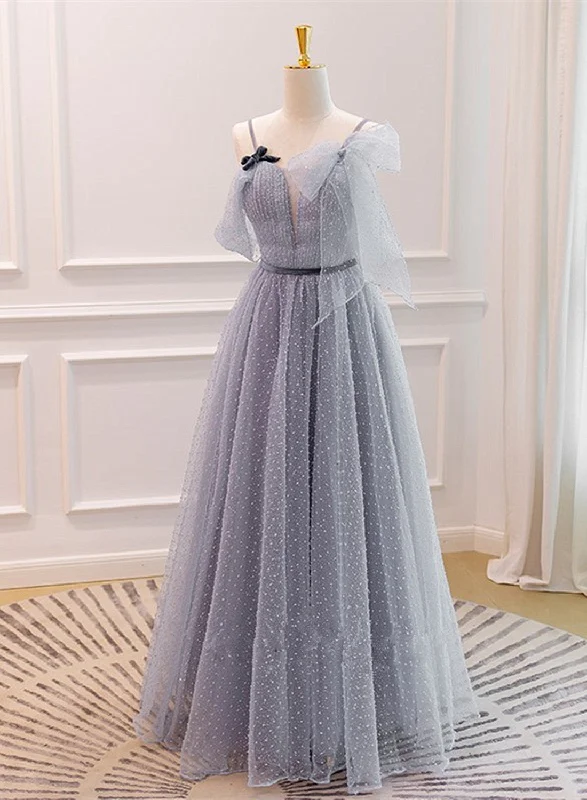Grey A-line Straps Tulle Floor Length Party Dresses, Grey Evening Dresses Graduation Dresses Tunics Handmade artisanal