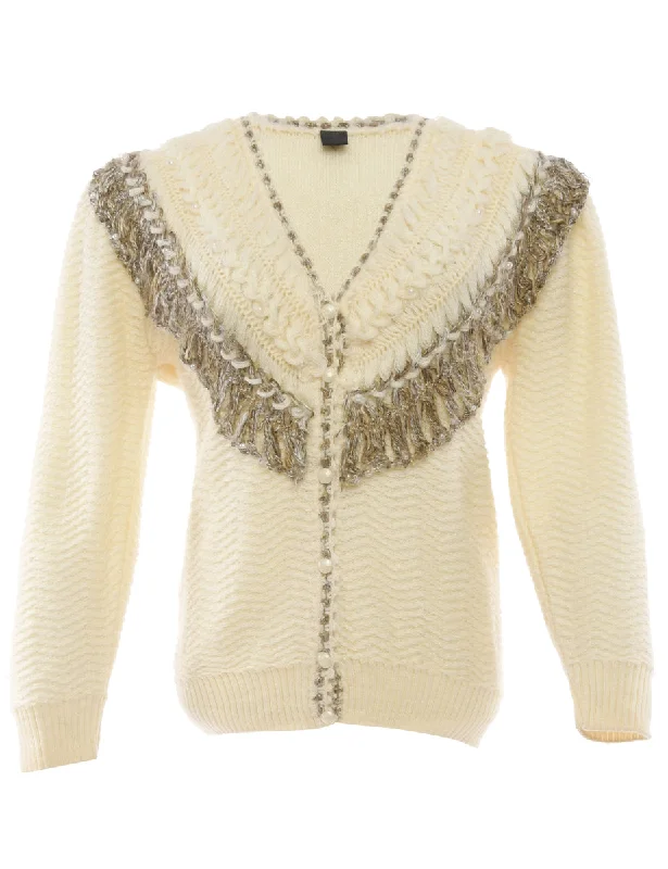 Button Front Cream Cardigan - M Fitted Loose Oversized