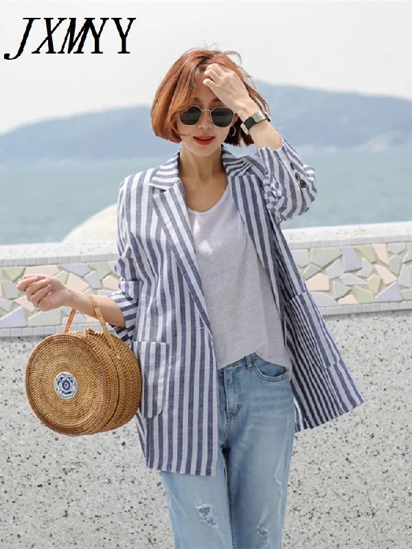 imCharms Slim Striped One-Button Suit Jacket Female 2023 Literary Cotton And Linen Retro Simple Casual Small Suit Tailored Jacket Straight Jacket A-Line Jacket