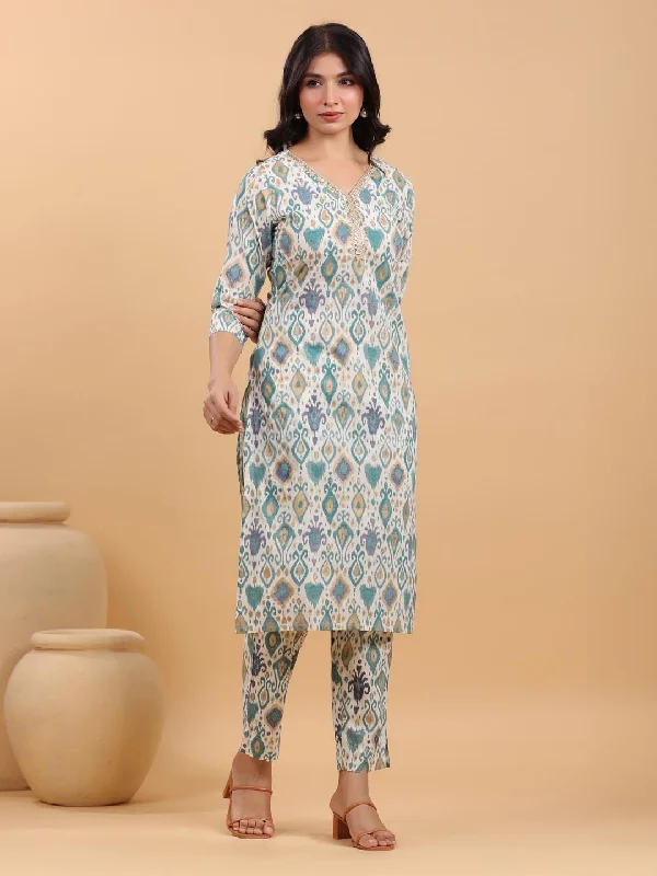Off White Pure Cotton Ikkat Printed Straight Kurta With Pant Set Fashionable Tapered Leg Pants