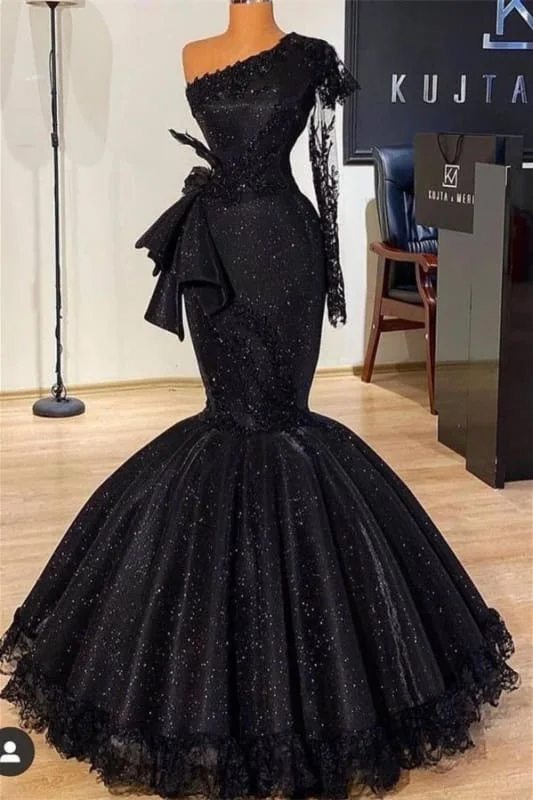 Black Glitter Mermaid Prom Dress Long Sleeves Floral Lace Party Dress Pencil Length Work