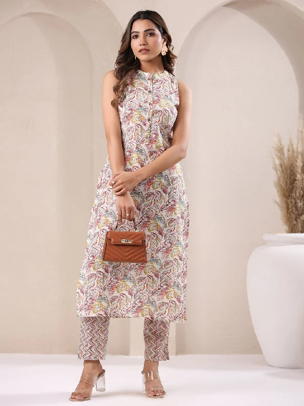 Off White Pure Cotton Leaf Motifs Printed Straight Kurta Pant Set Trendy Work Pants