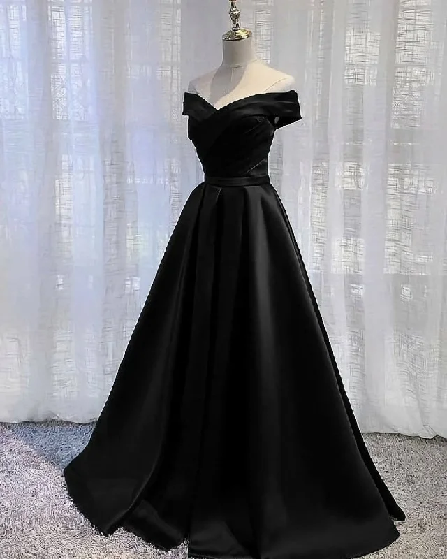 Black Satin Off Shoulder Long Simple Evening Dress Formal Dress, Black Party Dresses Bodycon Fitted Nightout