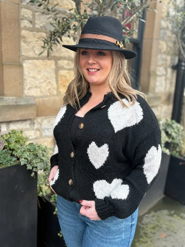 Lexi Wool Blend Cardigan - Black/Cream, Love Hearts Herringbone Houndstooth Plaid