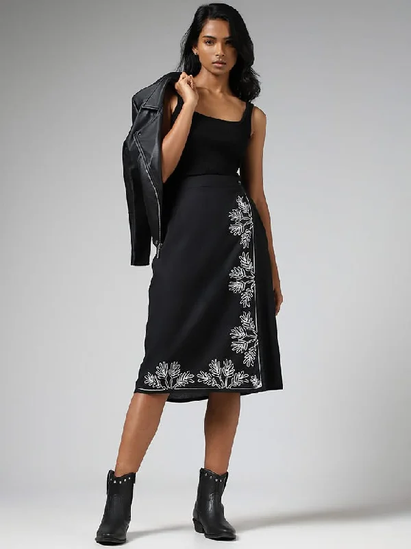 LOV Black Leaf Embroidered Overlapped Blended Linen Skirt breathable skirt fabric
