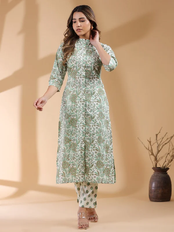 Cream Pure Cotton Floral Printed Straight Kurta Pant Set Formal Stretch Pants