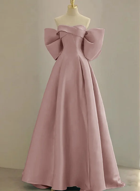 Pink Off Shoulder Satin Long Simple Party Dress, Pink Satin Evening Dress A-Line Day Work