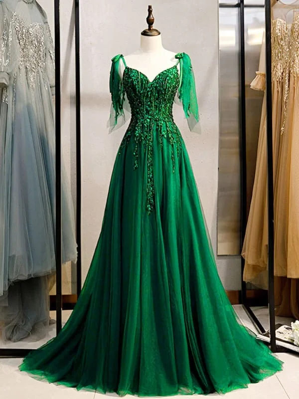 Prom Dress Deep Green Lace V-Neck A-Line Sleeveless Beaded Lace-Up Maxi Party Dresses Tunics Leisure comfortable