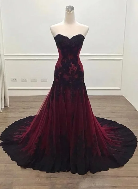Gorgeous Black and Wine Red Mermaid Long Evening Gown Party Dresses, Sweetheart Lace Formal Dresses Lace Sexy Club