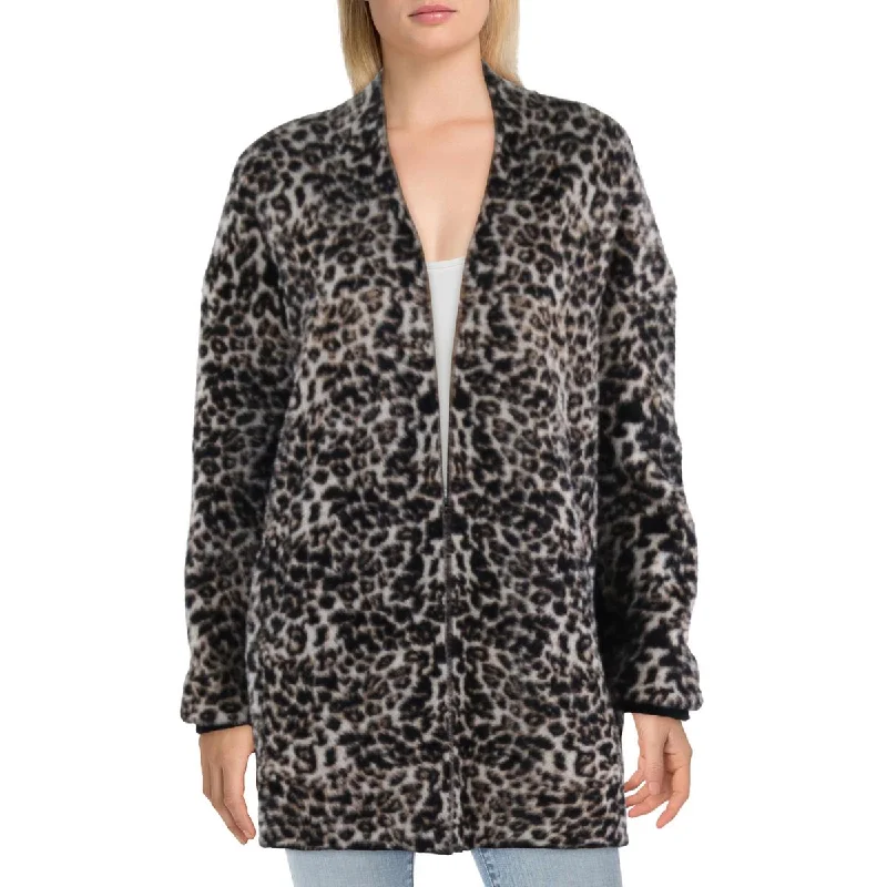 Stella + Lorenzo Womens Fleece Leopard Cardigan Sweater Glossy Satin Silk
