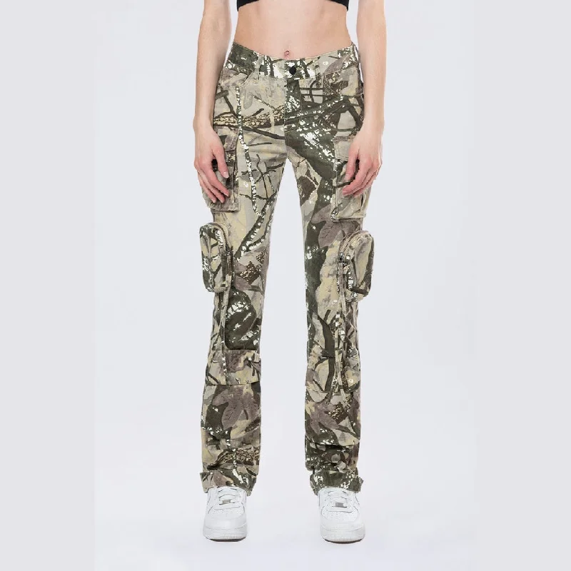 High Rise Straight Leg Utility Cargo Pants - Olive Hunting Camo Comfy Cargo Trousers