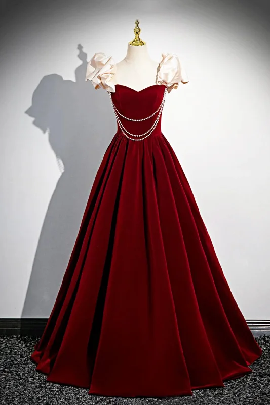A-Line Velvet Floor Length Prom Dresses, Burgundy Off the Shoulder Evening Party Dresses Tunics Plaid country