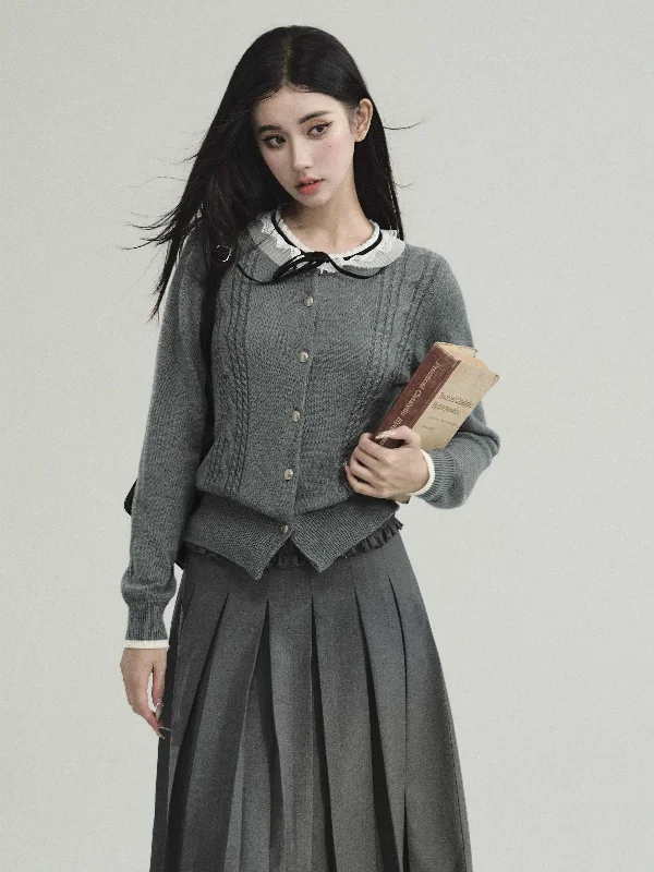 College Style Lace Ribbon Collar Cable Knit Cardigan FRA0218 Collared Crew Neck Turtle Neck