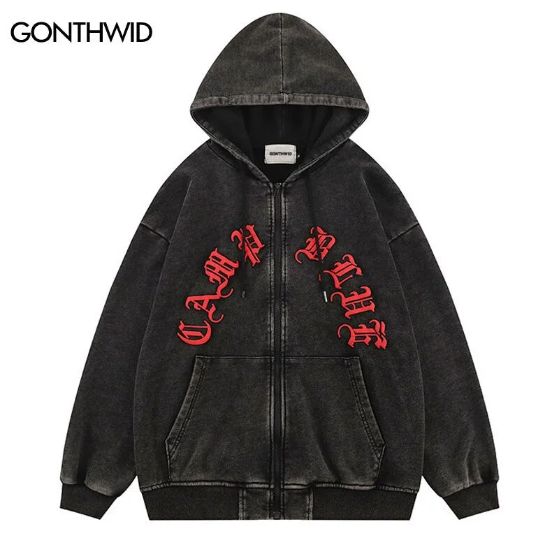 Hip Hop Hooded Sweatshirt Jacket Vintage Skull Letter Print Full Zip Up Hoodie Jackets 2023 Autumn Harajuku Casual Cotton Coats Tiered Jacket Buttoned Jacket Zippered Jacket