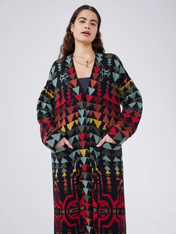 Marley Cotton Wool Blend Jacquard Maxi Cardigan in Multi Handmade Hand-knitted Hand-woven