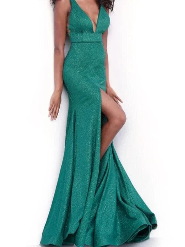 Women Evening Gown Forest Green V Neck Backless Polyester Split Maxi Party Dress Tunics Trendy modern