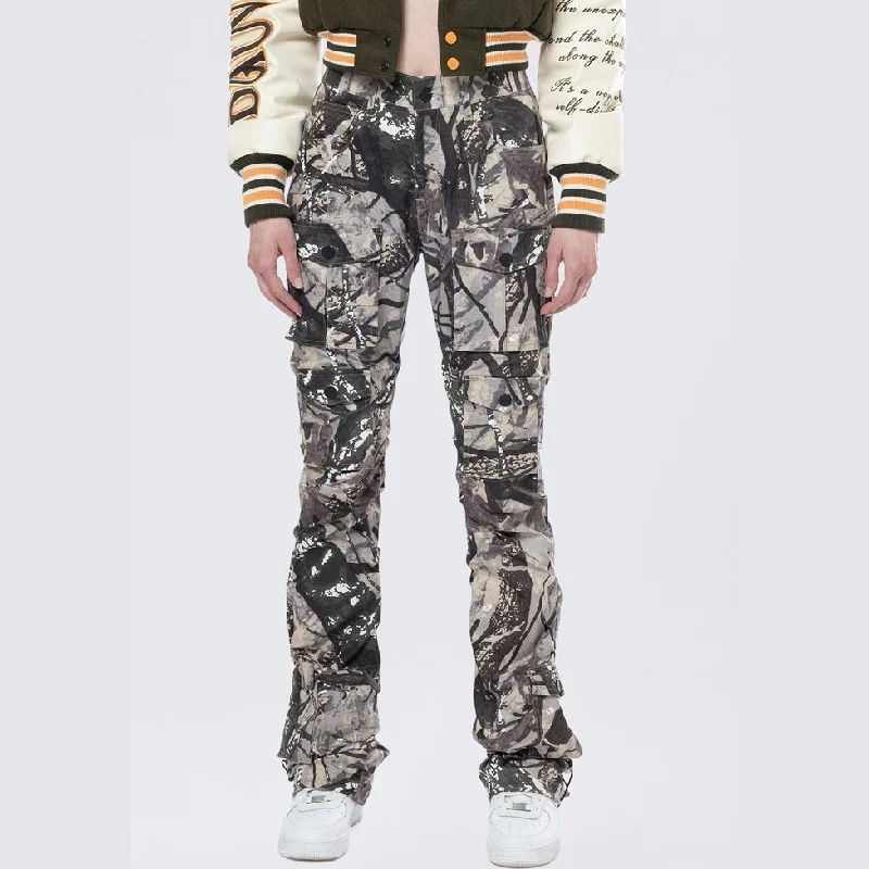 High Rise Stacked Utility Pants - Olive Hunting Camo Fashionable Tapered Leg Pants