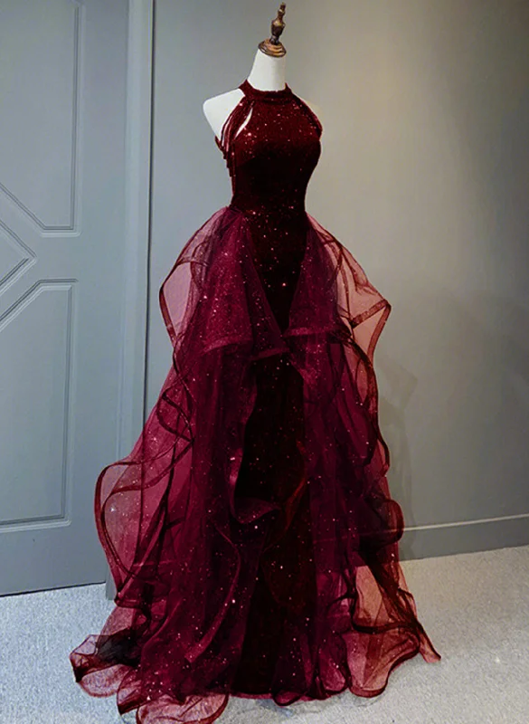 Wine Red Sequins with Tulle Long Party Dresses, Wine Red Halter Evening Dresses Tunics Practical durable