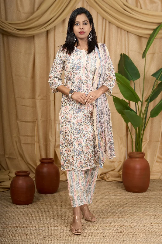 Cream Floral Cotton Women's Straight Kurta Set with Striped Pants and Dupatta Soft Cotton Pants