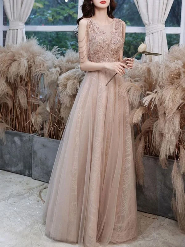 Champagne Evening Dress A-Line V-Neck Sleeveless Lace Up Chains Floor-Length Social Party Dresses Tunics Long Elegant
