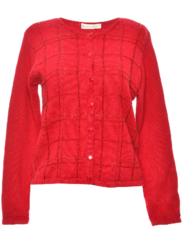 Button-Front Red Embellished Christmas Cardigan - L Jersey Fabric Tulle Fabric Batik Fabric