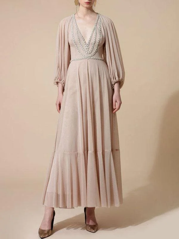 Evening Dress Flesh Color A Line V Neck Ankle Length Long Sleeves Zipper Pleated Chiffon Social Party Dresses Tunics Business professional