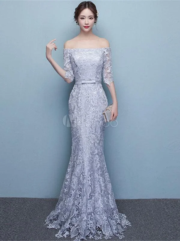 Mermaid Evening Dress Lace Off The Shoulder Party Dress Silver Half Sleeve Floor Length Occasion Dress With Bow Sash Wedding Guest Dress Tunics Chic elegant