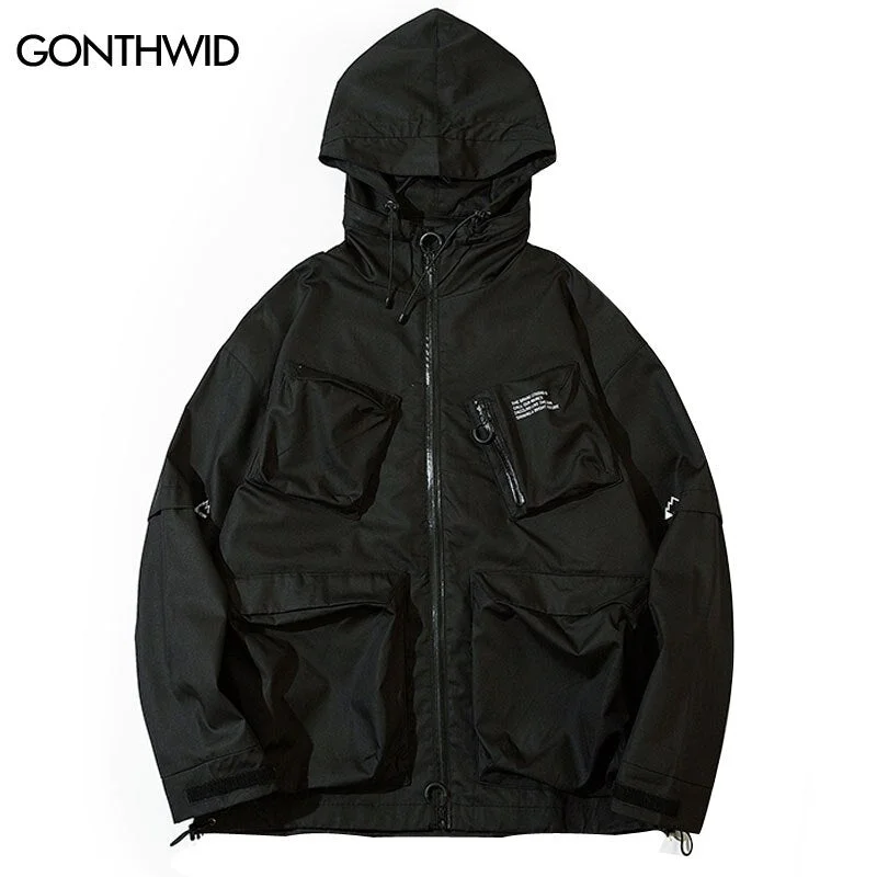 Hip Hop Cargo Jacket Streetwear Harajuku Multi Pockets Windbreaker Hooded Jackets Coat Casual Long Sleeve Zipper Coats Belted Jacket Elasticated Jacket Padded Jacket