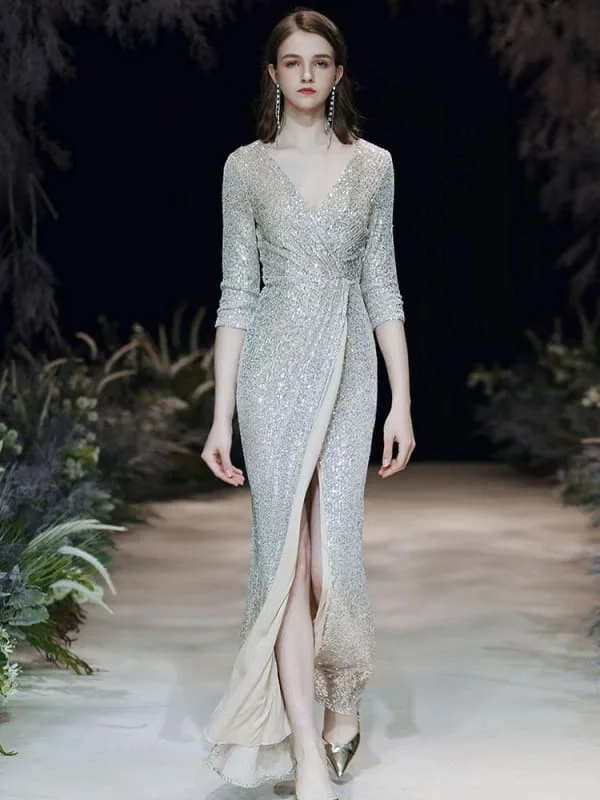 Evening Dress Sliver Sheath V-Neck Floor-Length Long Sleeves Zipper Pleated Sequined Formal Party Dresses Crew Neckline Casual