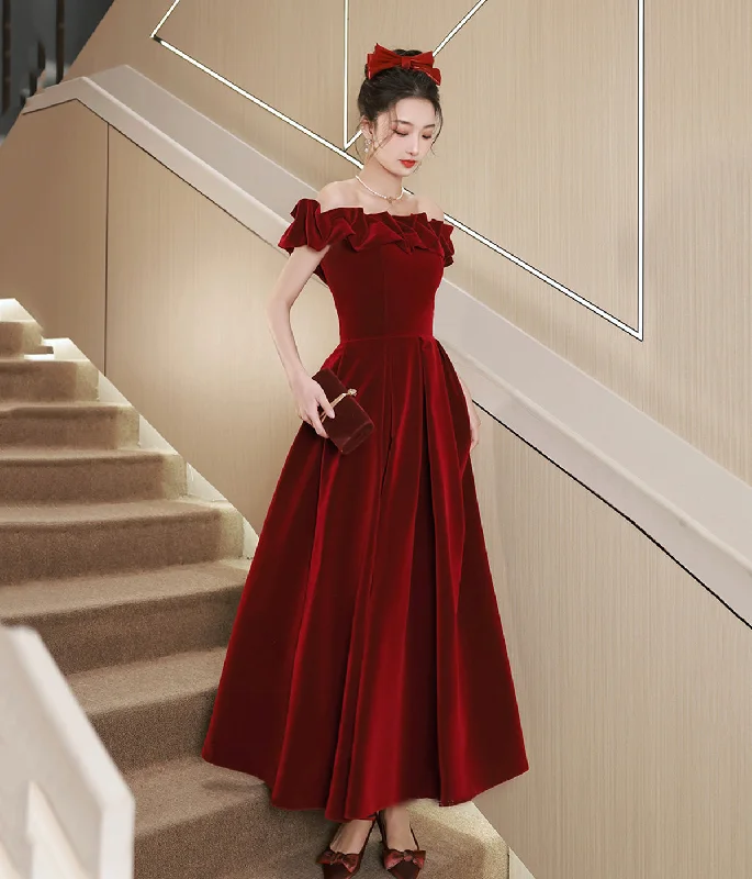 Burgundy Velvet Tea Length Prom Dresses, Cute Evening Dresses Party Dresses Tunics Timeless classic