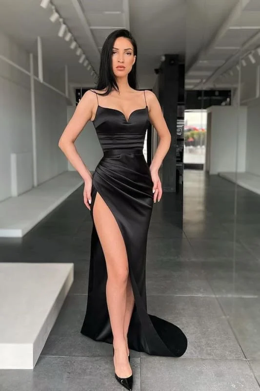 Sexy Spaghetti straps High split Prom Dress Black Sweetheart Party Dress sweetheart Neckline Romantic