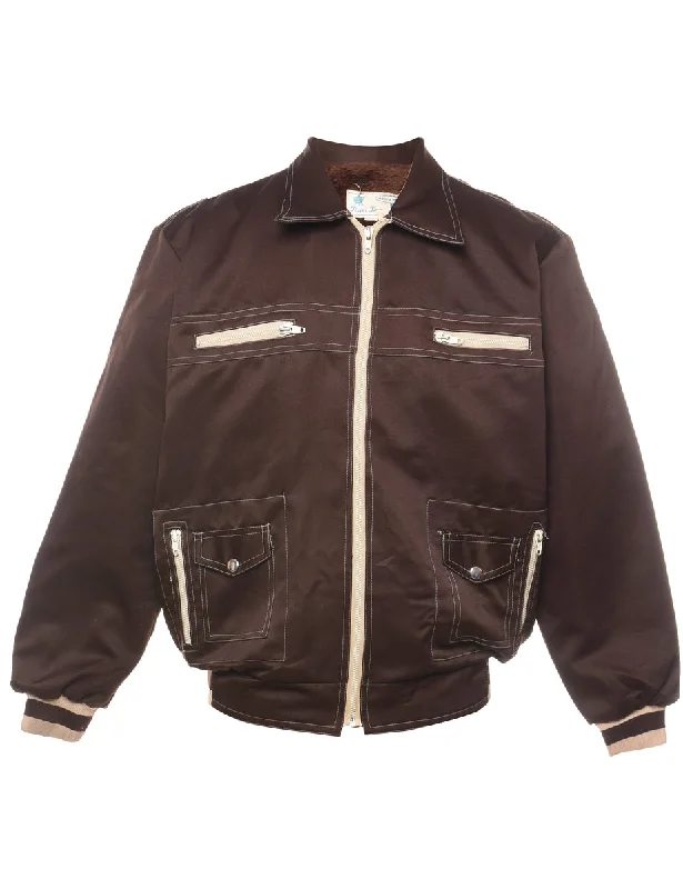 Brown Fur-Lined Zip-Front 1970s Jacket - XL Insulated Jacket Fitted Jacket Loose Jacket