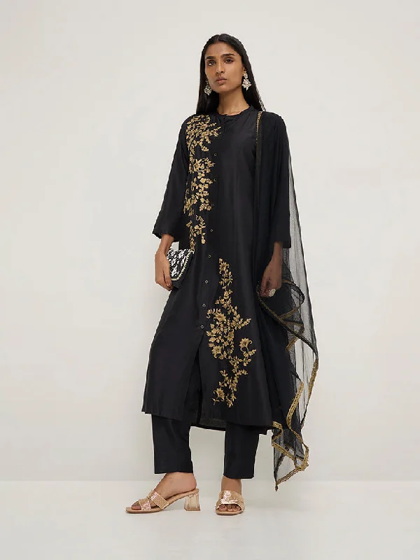 Vark Black Floral A-Line Kurta, Pants & Dupatta Trendy Work Pants