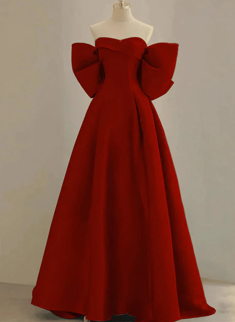 Noble and minimalist wine red satin off the shoulder sleeveless long dress party dress wine red A-shaped backless bow and floor length evening dress Tunics Corduroy durable